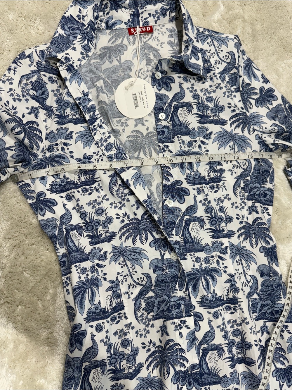 Staud Wells Blue White Toile Print Shirt Dress Maxi Size Small Tropical Palm NWT - Picture 5 of 7